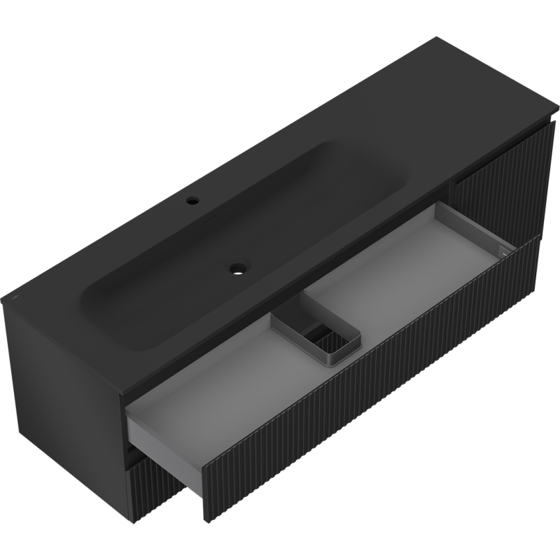 Baderomsskap med vask 160 cm Mexen Rivel Vela i svart matt, åpen skuff med praktisk inndeling.
