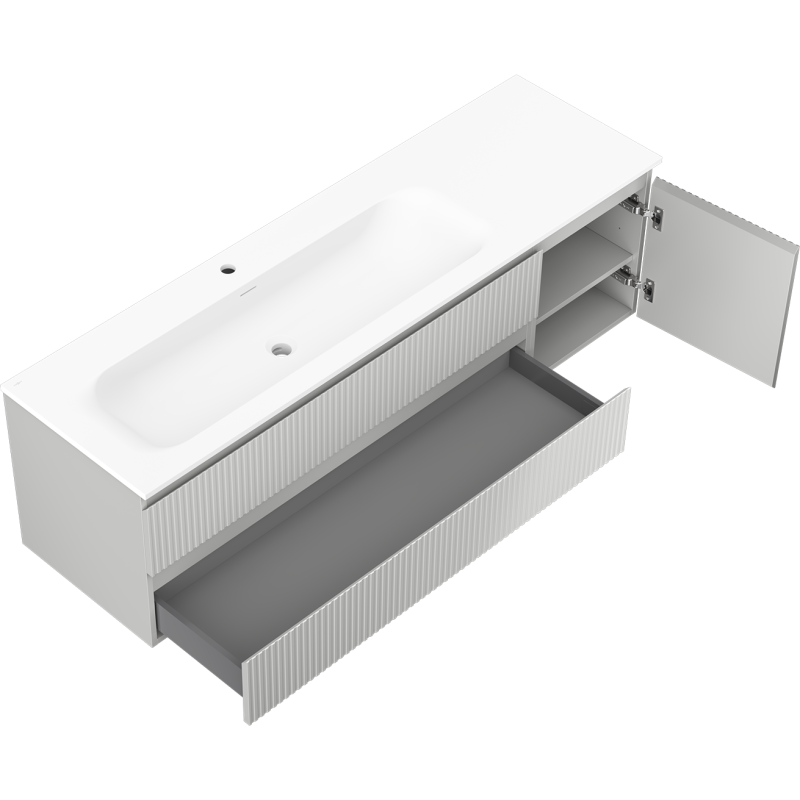 Baderomsskap med servant Mexen Rivel Vela 160 cm i grå/hvit med åpen skuff og synlige hyller.