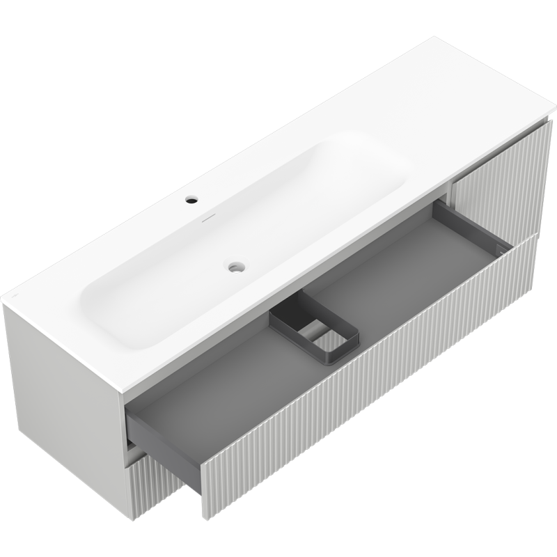 Baderomsskap med vask Mexen Rivel Vela 160 cm, åpen skuff med innsats og riflete fronter, sett ovenfra.