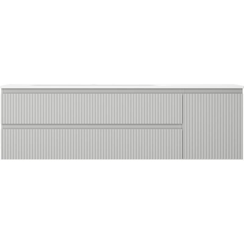Servant med skap i grått med vertikale riller, tre dører og lys toppflate, sett forfra.