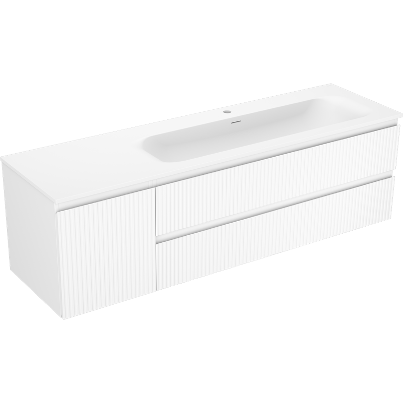 Servantskap med vask 160 cm Mexen Rivel Vela hvit med rillede fronter og to skuffer, sett skrått forfra.