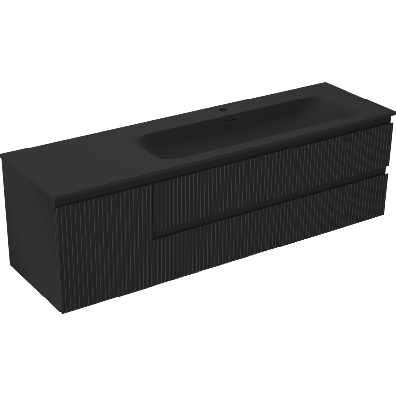 Servantskap med vask 160 cm svart matt Mexen Rivel Vela med rillefront og to skuffer, skrå vinkel.