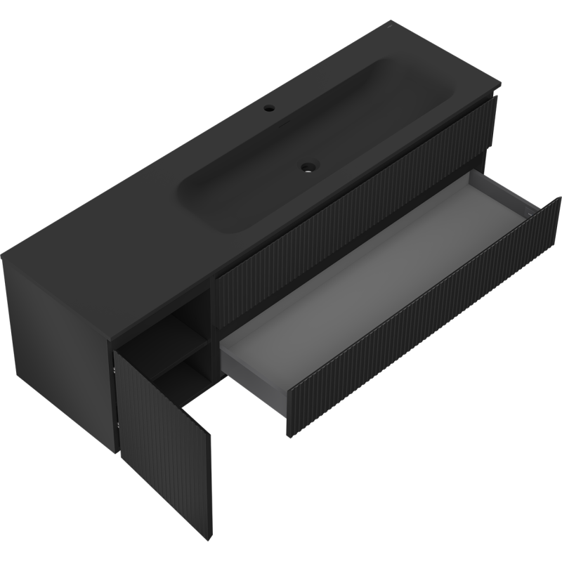 Baderomsskap med servant 160 cm Mexen Rivel Vela i svart matt med åpne dører og skuffer, vertikale riller.