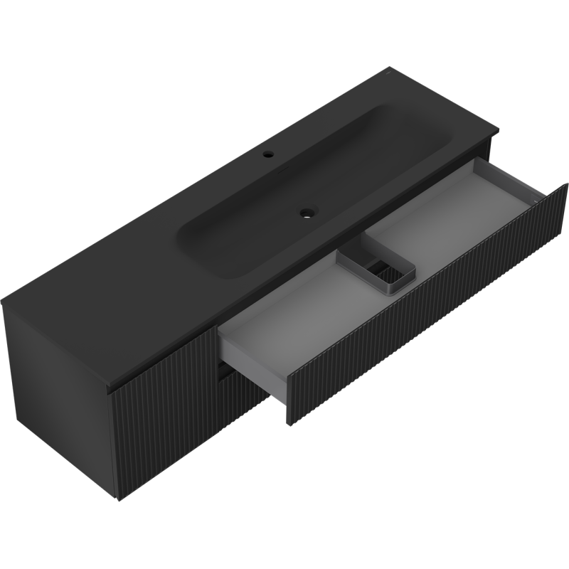 Baderomsskap med vask 160 cm svart matt Mexen Rivel Vela med åpen skuff og inndelte rom.