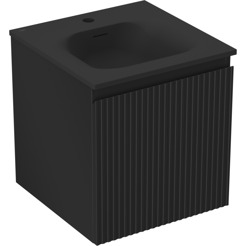 Servantskap med vask 45 cm svart matt Mexen Rivel med vertikale riller og integrert vask sett forfra.