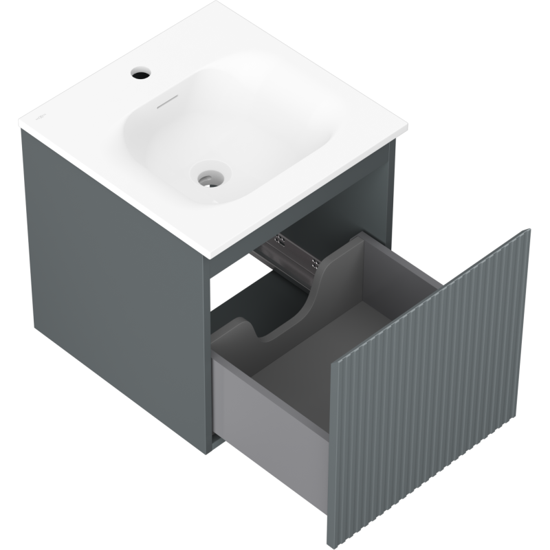 Baderomsskap med vask 45 cm Mexen Rivel i grafitt matt med åpen skuff og synlig røropplegg.