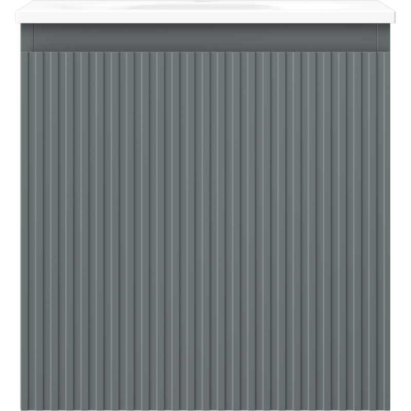 Servant med skap i grafitt matt med vertikale riller og hvit servant, sett rett forfra.