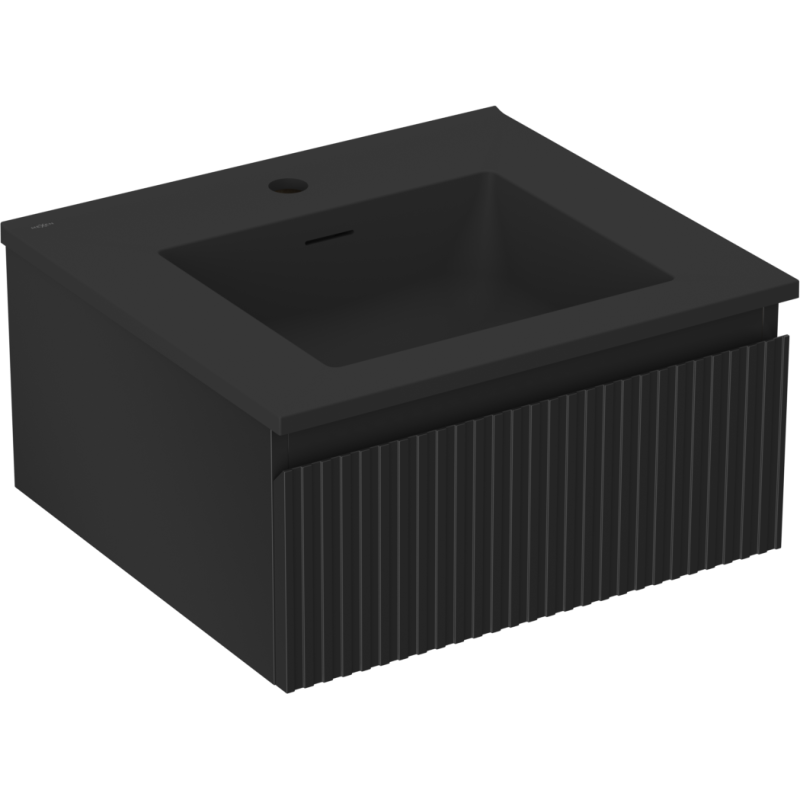 Servantskap med vask 50 cm svart matt med én skuff og vertikale riller, skråvinkel.