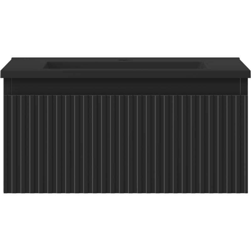 Servant med skap i svart matt med riflet front, sett rett forfra i moderne design uten synlige håndtak.