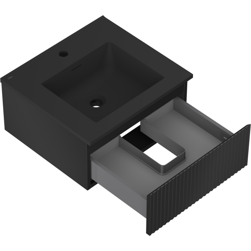 Baderomsskap med vask 50 cm svart matt sett skrått ovenfra med åpen skuff og U-formet romdeler.
