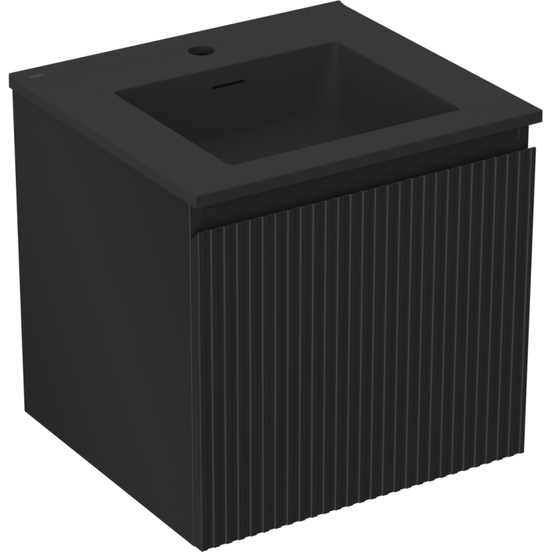 Servantskap med vask 50 cm Mexen Rivel i svart matt med vertikale riller og firkantet servant.