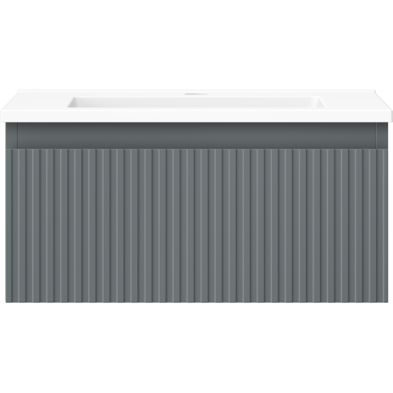 Servant med skap i grafitt matt med vertikale riller og hvit integrert servant, sett rett forfra.