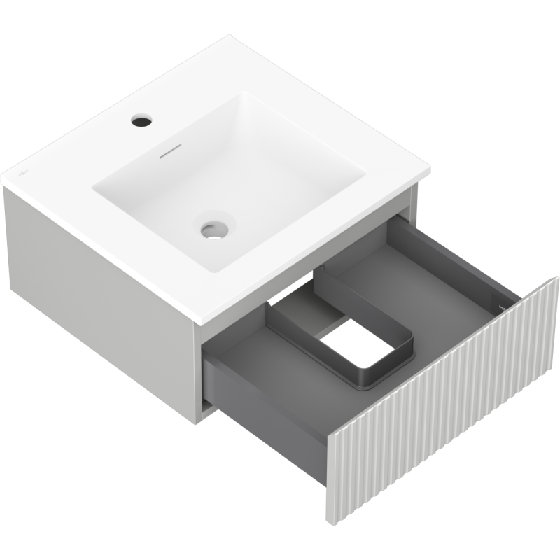 Baderomsskap med vask 50 cm grå matt Mexen Rivel sett ovenfra med åpen skuff og rillede fronter.