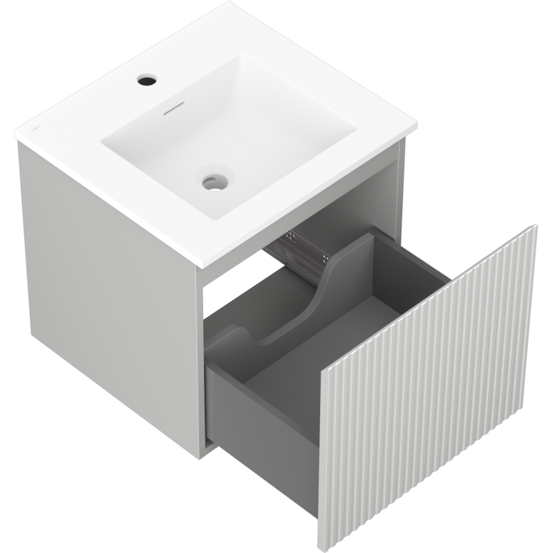 Baderomsskap med vask 50 cm Mexen Rivel Otis i grått og hvitt med åpen skuff og rillede fronter.