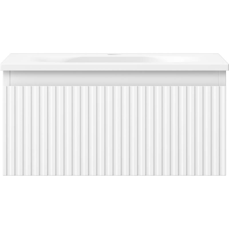 Servant med skap 50 cm hvit matt fra Mexen Rivel, sett forfra med vertikale riller og integrert servant.