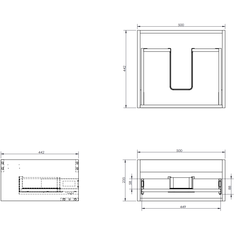 Baderomsskap med servant teknisk tegning som viser mål og design for Mexen Rivel 50 cm hvit matt.