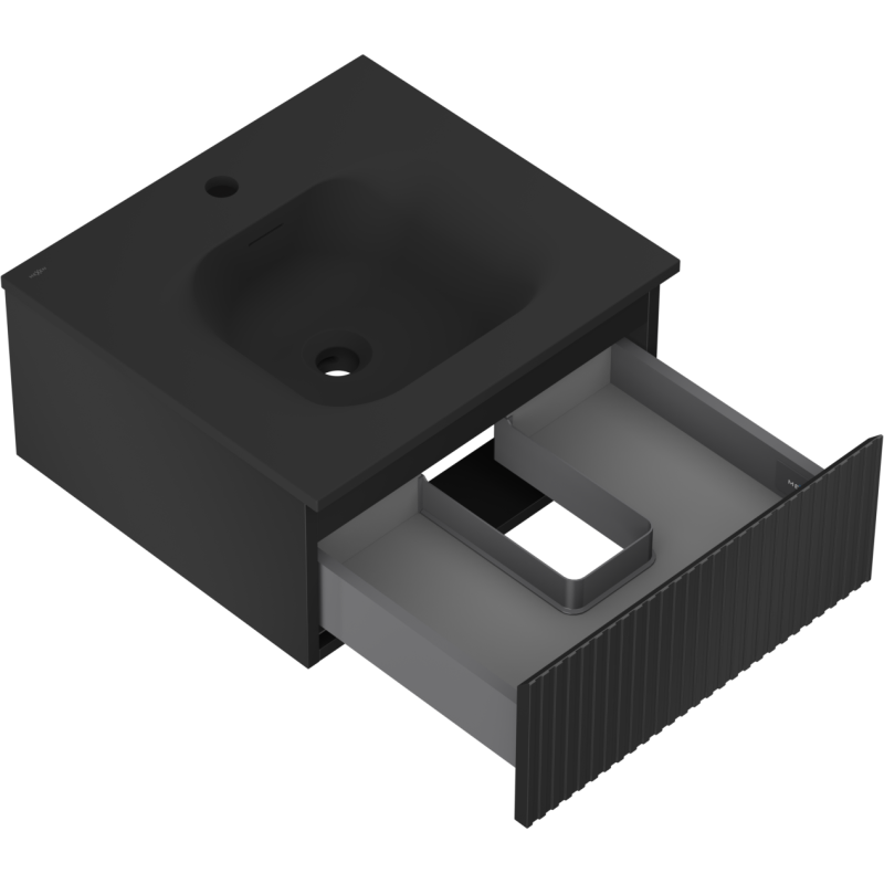 Baderomsskap med vask Mexen Rivel Vela 50 cm i svart matt med åpen skuff og riflet front, sett skrått ovenfra.