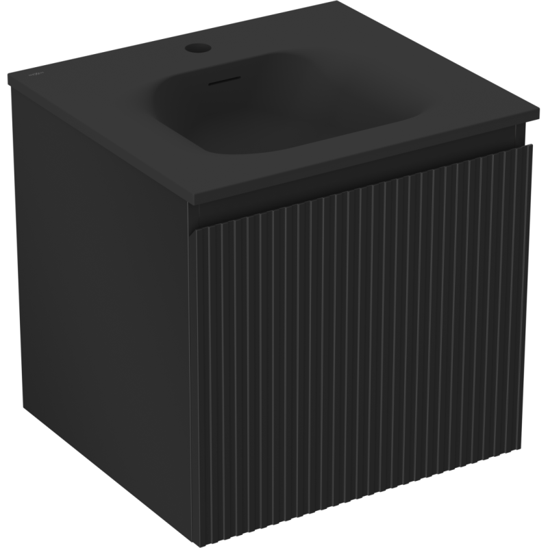 Servantskap med vask 50 cm i matt svart med vertikale riller, sett fra skrå vinkel.