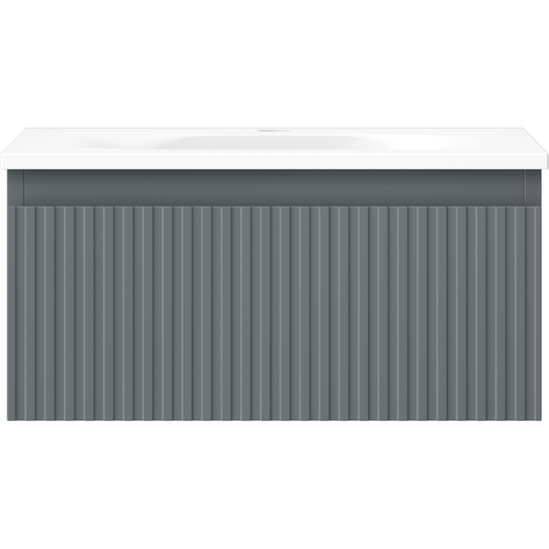 Servant med skap i grafitt med vertikale riller og hvit, glatt topp, sett rett forfra.