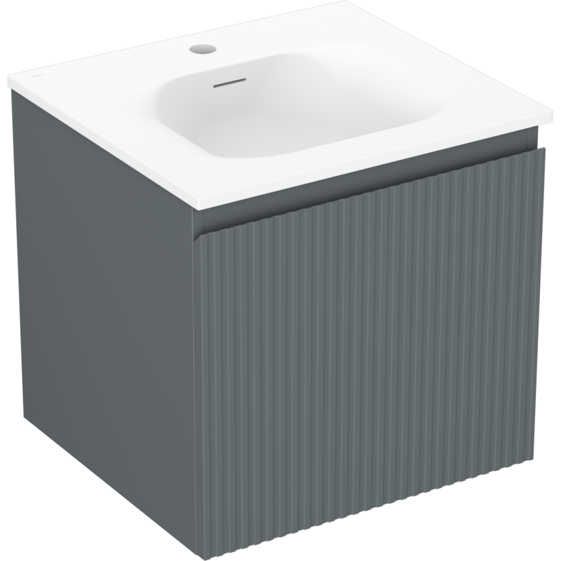 Servantskap med vask 50 cm Mexen Rivel grafitt matt med vertikale riller sett fra skrå vinkel.