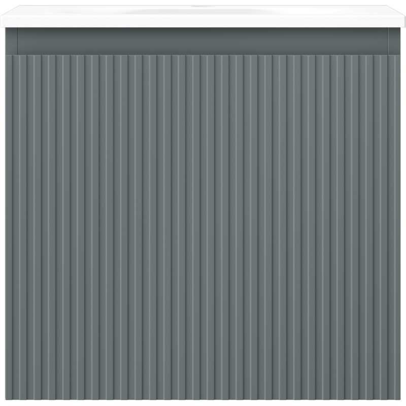 Servant med skap i grafitt matt med riflet frontpanel og hvit toppkant, sett rett forfra.