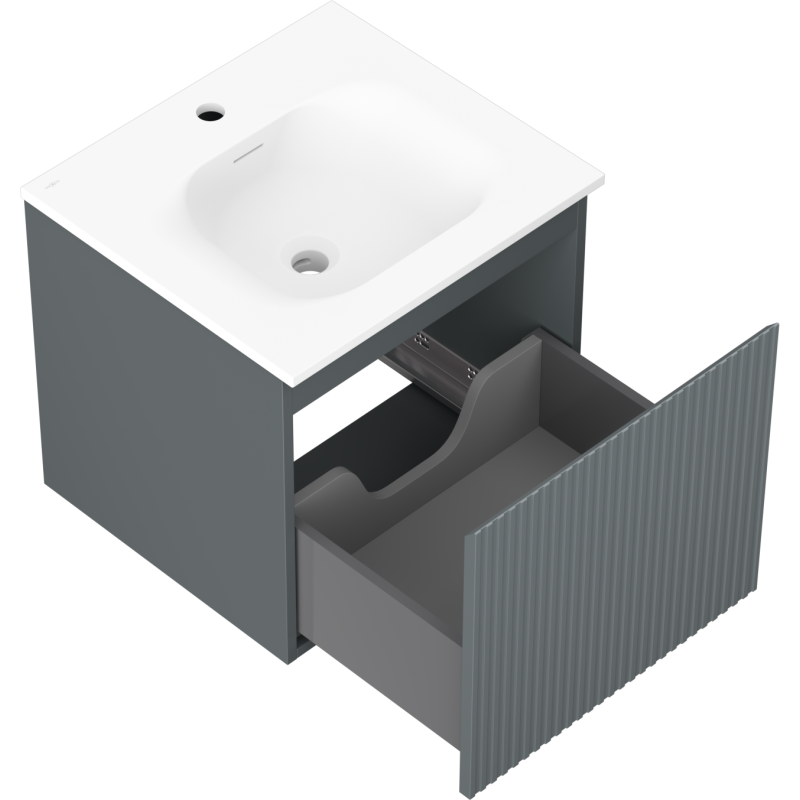 Baderomsskap med vask Mexen Rivel 50 cm i grafitt matt, skrå vinkel, åpen skuff med avdeler.