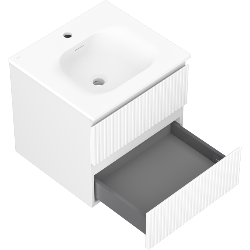 Baderomsskap med servant i hvit utførelse, ribbet skuffefront og integrert vask, sett fra skrå vinkel.