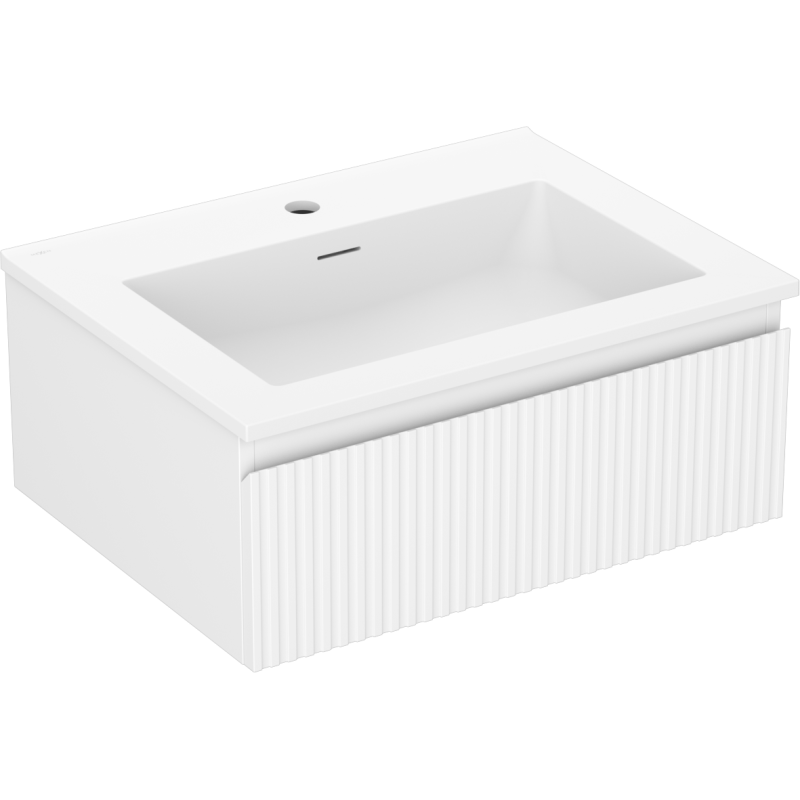 Servantskap med vask 60 cm hvit matt med vertikale riller, sett fra skrå vinkel foran.