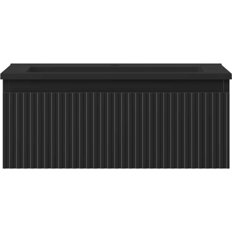 Servant med skap i svart matt kompositt med rillemønstret front, sett rett forfra.