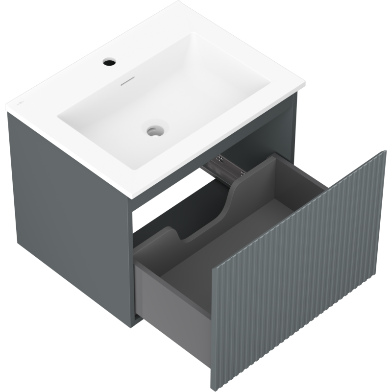 Baderomsskap med vask 60 cm grafitt/hvit, åpen skuff med utsparing, sett ovenfra og fra siden.
