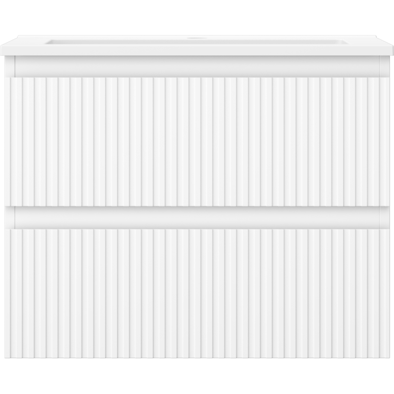 Servant med skap i hvit matt finish, vertikale riller og to skuffer, sett rett forfra.