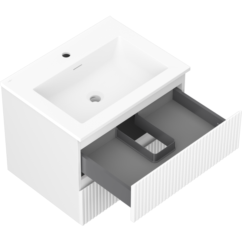 Baderomsskap med vask 60 cm i hvit matt, skrå vinkel, åpen skuff med grå oppbevaringsinndeling.