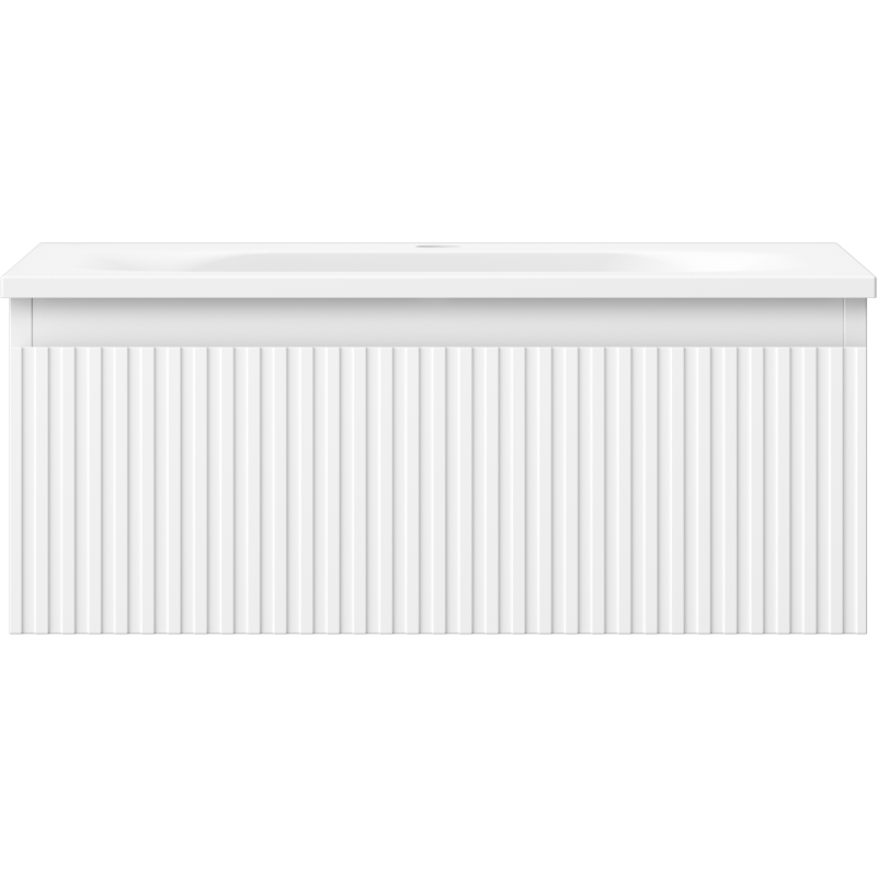 Servant med skap 60 cm hvit matt, front med vertikale riller, sett rett forfra uten håndtak.