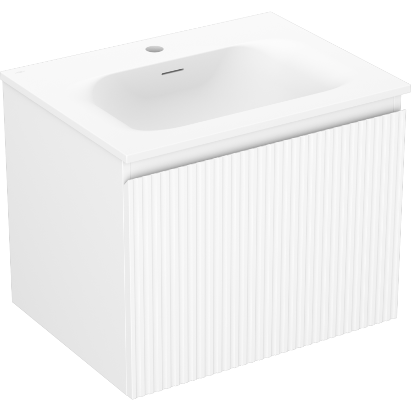 Servantskap med vask 60 cm hvit matt fra Mexen Rivel Vela med ribbet front, sett skrått forfra.