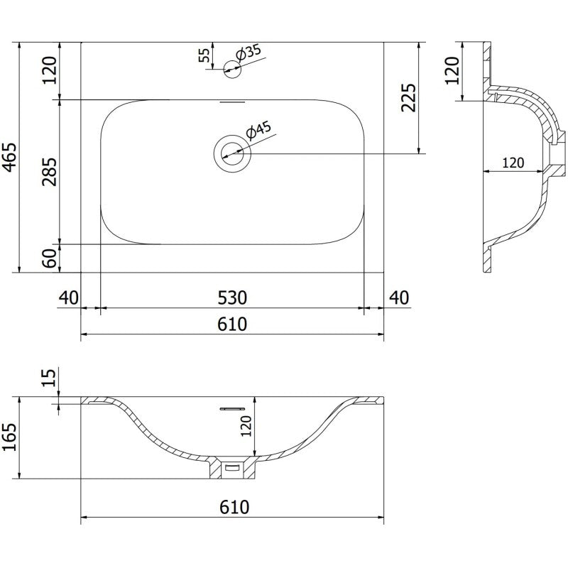 Servant med skap teknisk tegning av svart matt Mexen Rivel 60 cm med mål og hullplassering.