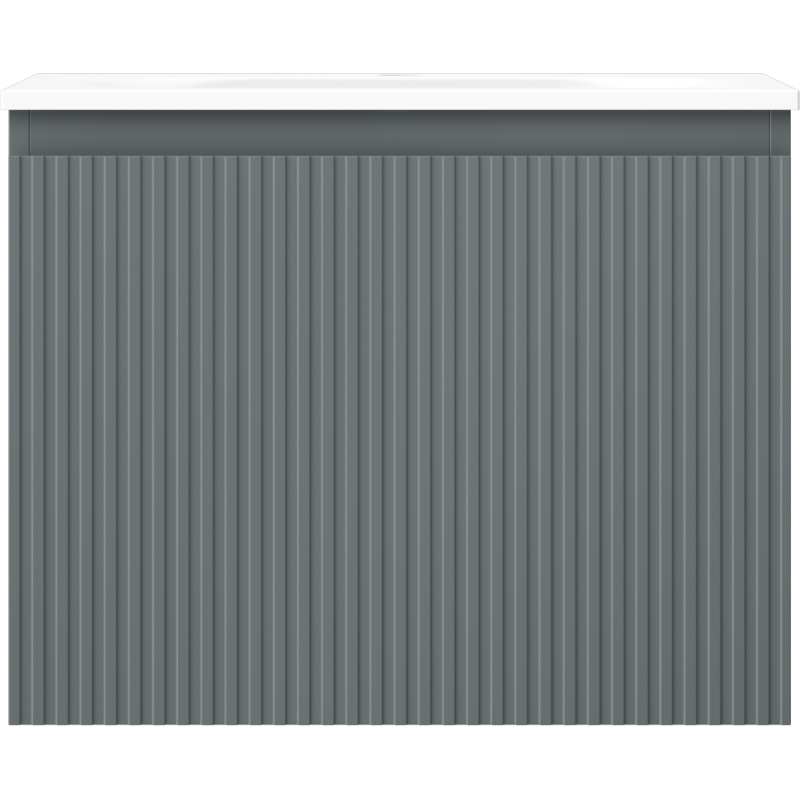 Servant med skap i grafitt matt med riflet front og hvit topp, sett rett forfra.