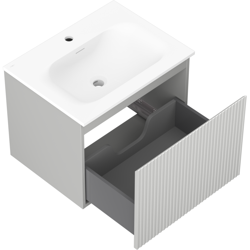 Baderomsskap med vask Mexen Rivel 60 cm i hvitt, åpen skuff med grått interiør og rillet front.