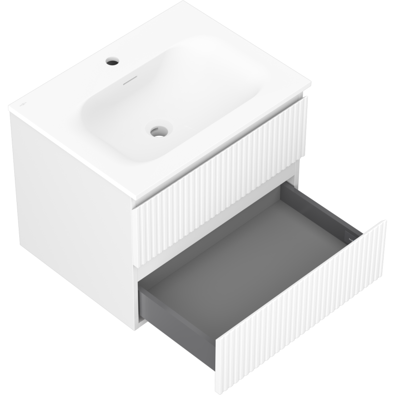 Baderomsskap med servant 60 cm Mexen Rivel hvit matt, skuff i grått med vertikale riller trukket ut.