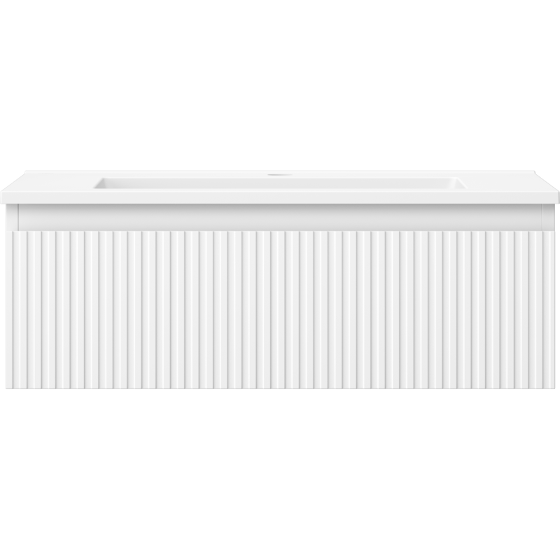 Servant med skap i hvit Mexen Rivel/Otis, sett forfra med vertikale riller og minimalistisk design.