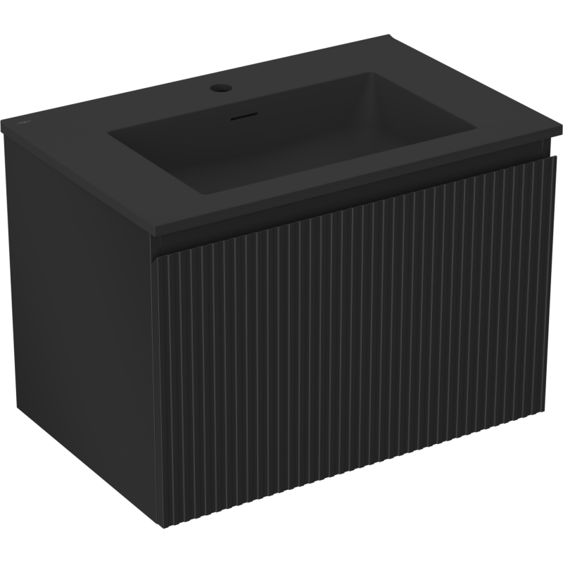 Servantskap med vask 70 cm svart matt Mexen Rivel med vertikale riller sett skrått forfra.