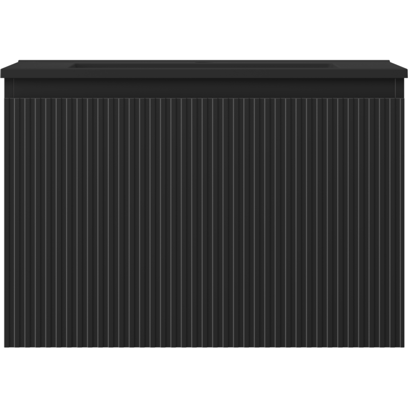 Servant med skap i svart matt finish med vertikale riller, sett rett forfra.