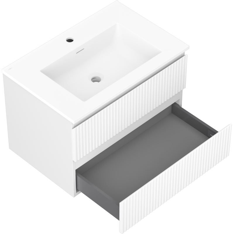 Baderomsskap med servant 70 cm i hvit matt, åpen rillet skuff, sett skrått ovenfra.