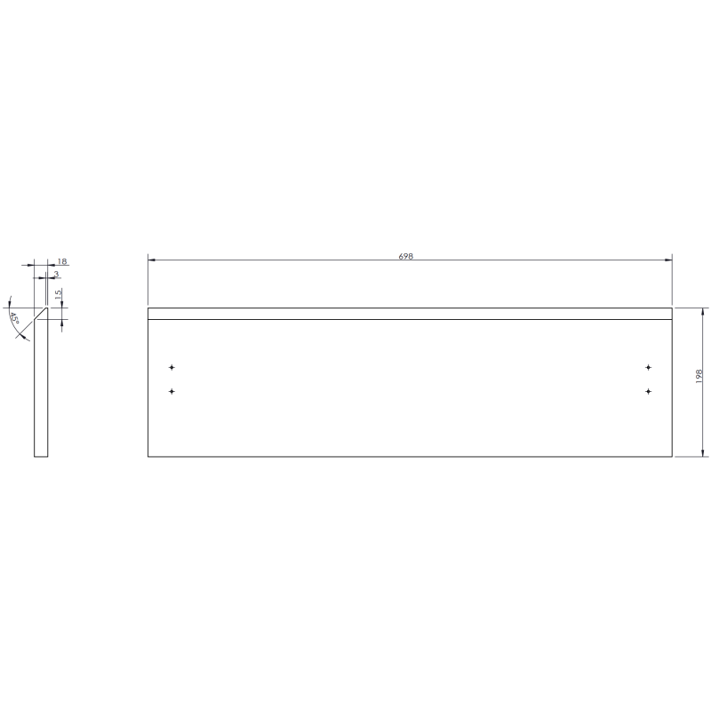 Servant med skap teknisk tegning med mål for Mexen Rivel 70 cm, sett forfra og fra siden.