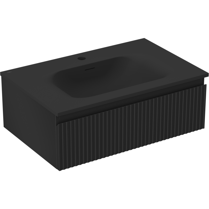 Servantskap med vask 70 cm svart matt med vertikale riller, sett fra skrå vinkel.