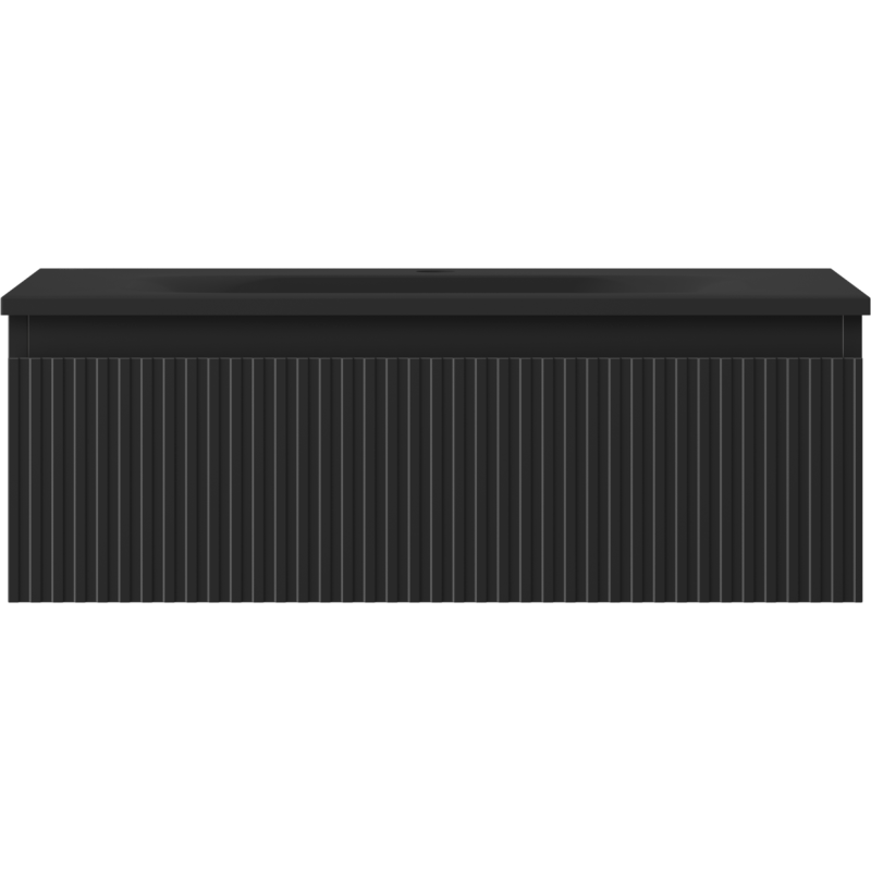 Servant med skap i svart matt finish med vertikale riller på fronten, sett forfra.