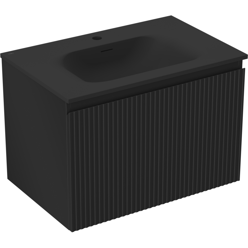 Servantskap med vask 70 cm i svart matt med vertikale riller og moderne design, sett skrått forfra.