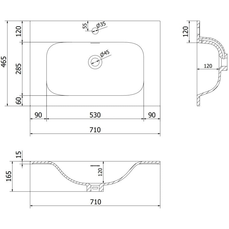 Servant med skap teknisk tegning av Mexen Rivel Vela 70 cm med mål og plassering av hull.