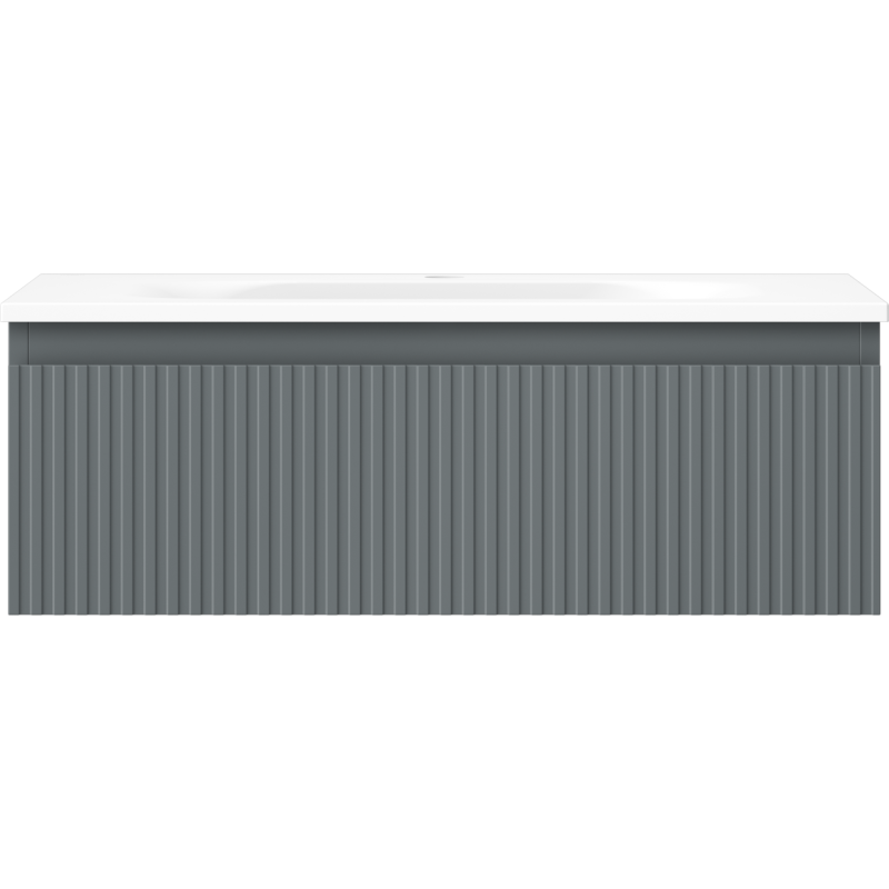 Servant med skap i grafitt og hvit matt med vertikale riller, sett rett forfra.