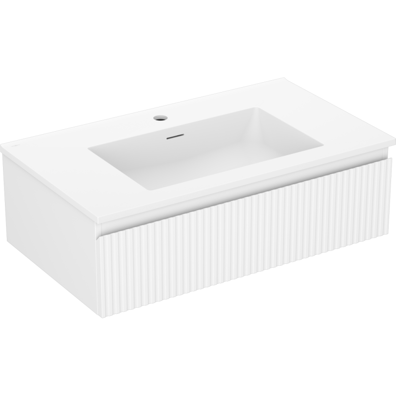 Servantskap med vask 80 cm hvit vegghengt Mexen Rivel/Otis med rillefront, sett fra skrå vinkel.