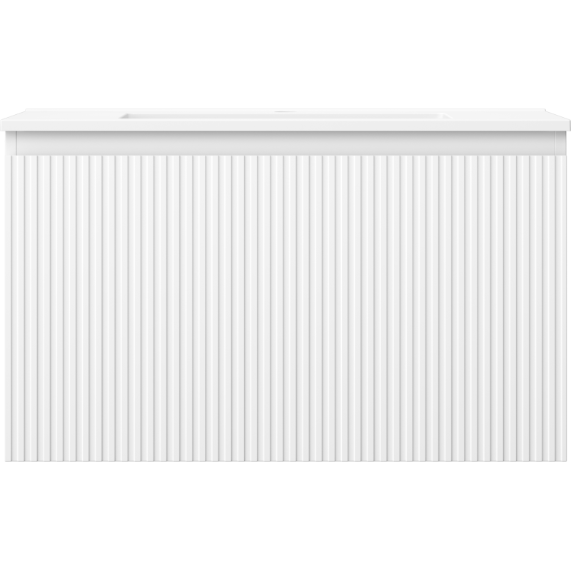 Servant med skap 80 cm hvit med vertikale riller, sett rett forfra.